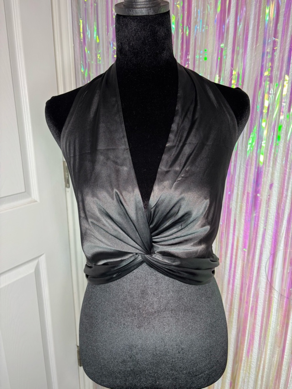 💎Papermoon Black Satin Twist-Front Halter Crop Top Perfect For A Night Out💎